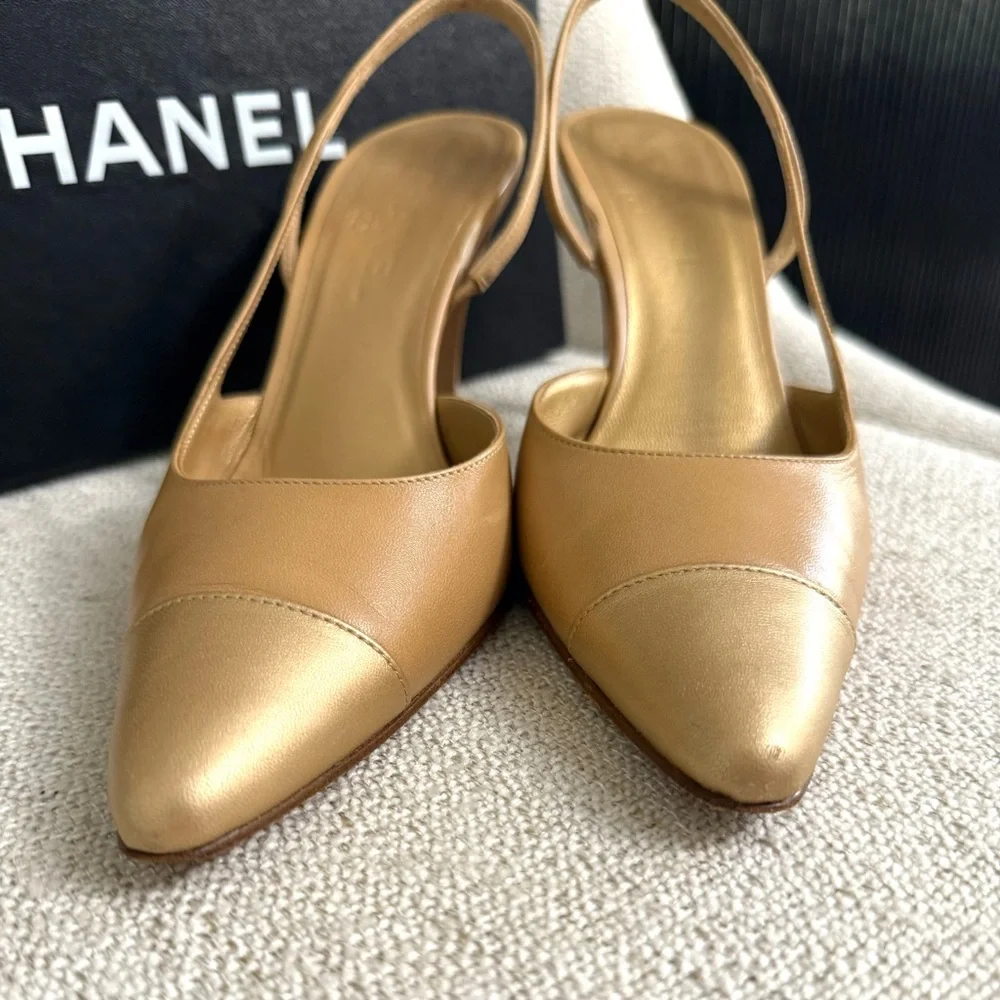 Authentic Chanel slingback pumps beige gold